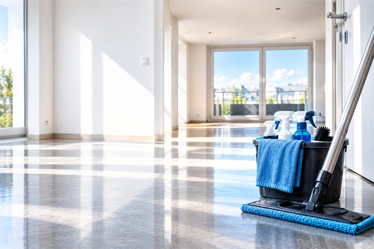 Frisch gereinigte, leere Wohnung mit Reinigungsmaterial